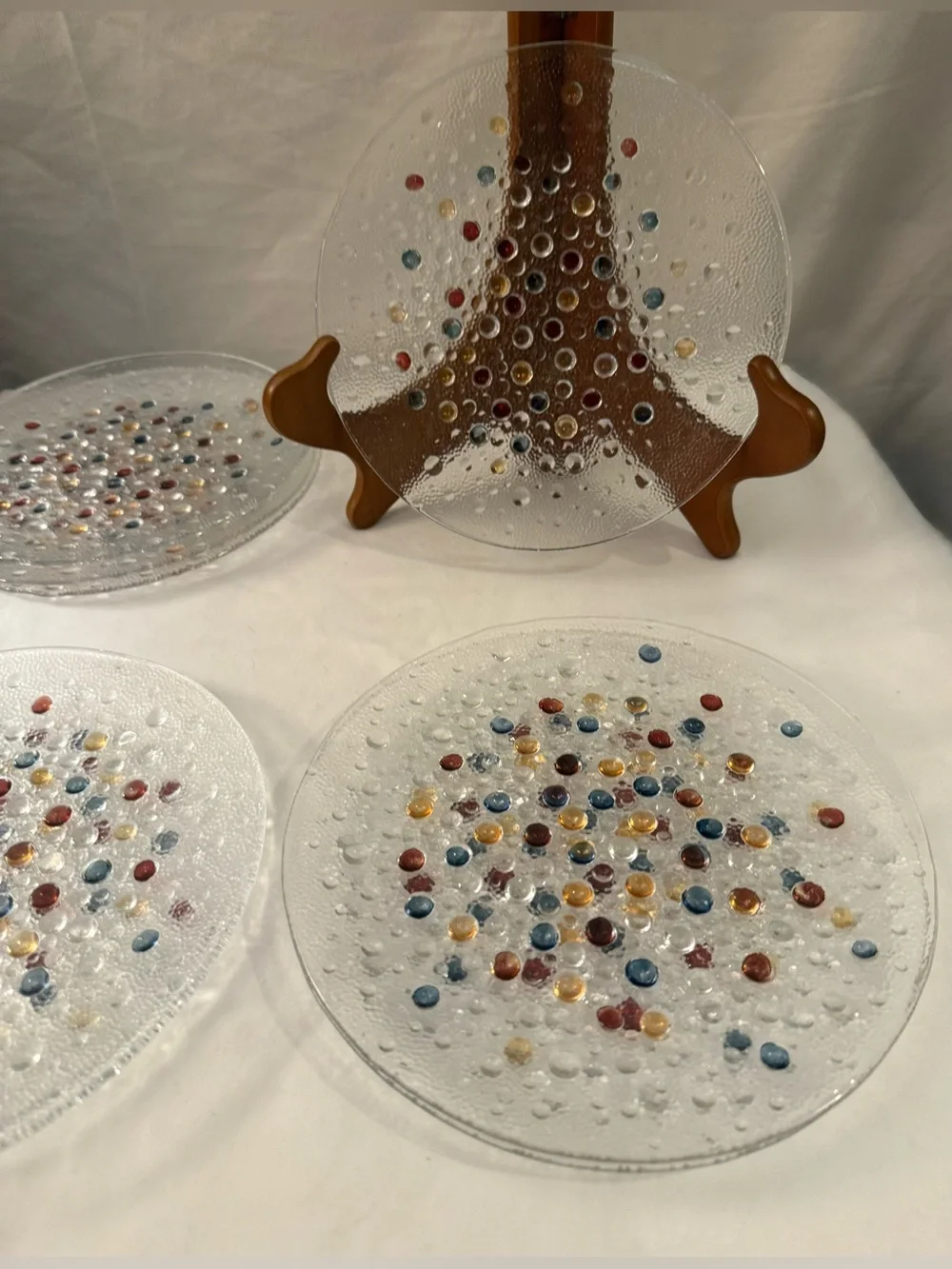 4 Dansk Poland Confetti Bubble Glass plates, textured surface, multicolored. 8”